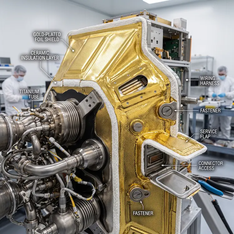 Custom aerospace heat shield fitted closely around dense tubing and harnesses with tool access